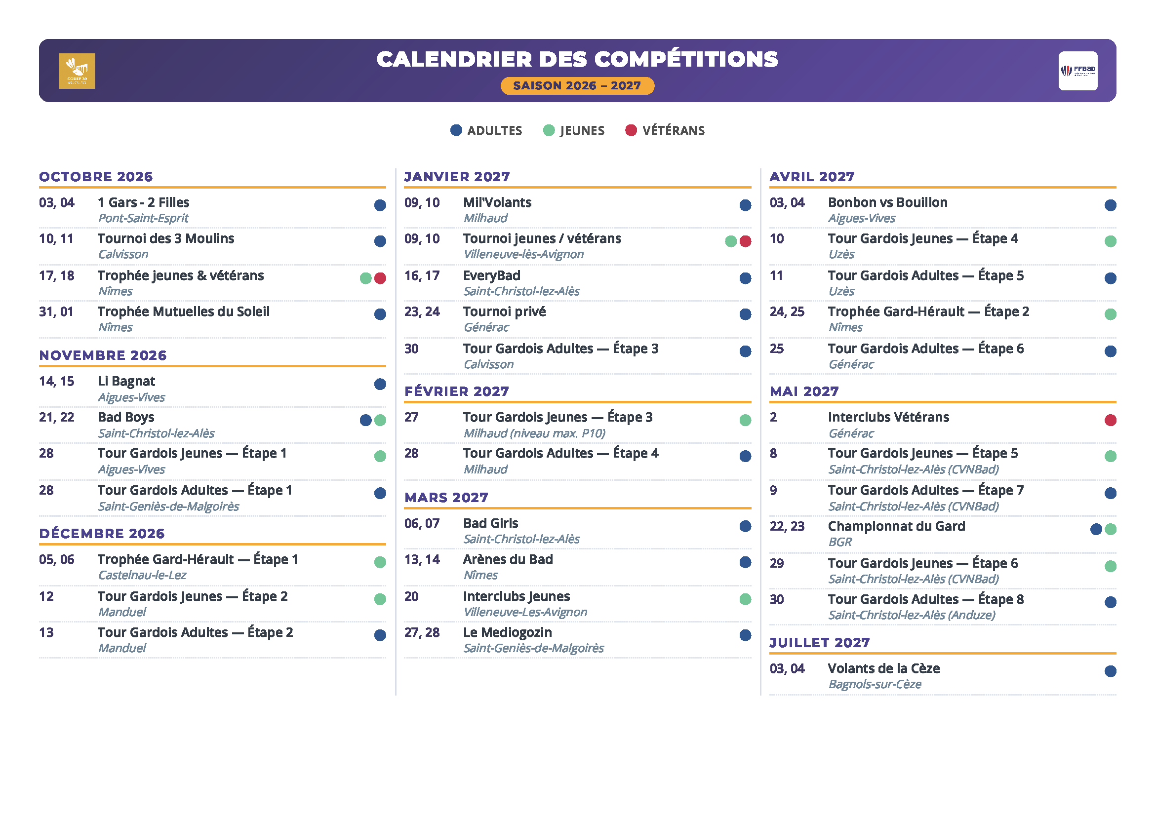 Calendrier des Compétitions 2026 2027