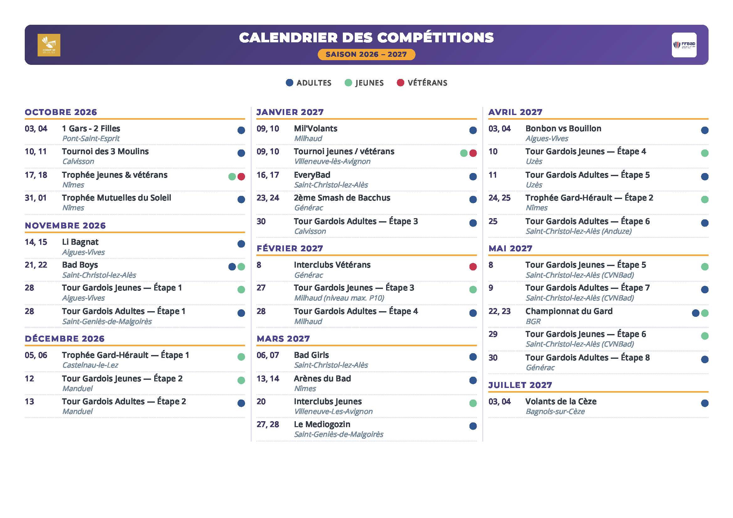 Calendrier des Compétitions 2026 2027